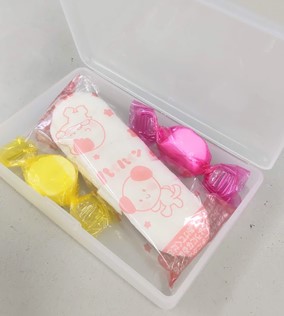 プラスチック容器に入ったお菓子

中程度の精度で自動的に生成された説明